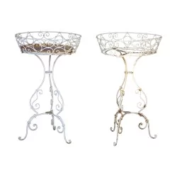 Pair of white painted wrought iron planters with a wooden tray …