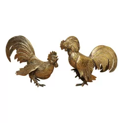 Pair of fighting roosters in silver metal. France 20th century