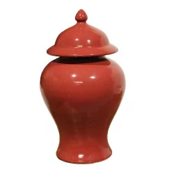Chinese porcelain herb pot in light oxblood red.