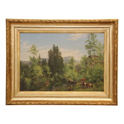 Tableau huile sur toile, paysage de montagne avec vaches, …