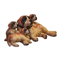 Groupe de chiens St-Bernard couchés en bois sculpté et teinté …