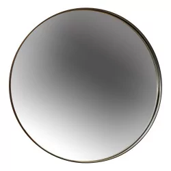 Large round mirror with black metal frame.