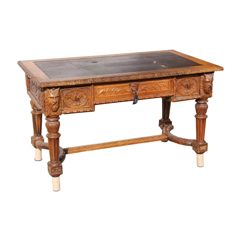 Table Henri II en chêne richement sculptée. Plateau avec cuir … - Moinat - Tables de salle à manger
