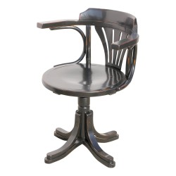 Swivel office chair in glossy black lacquered wood.