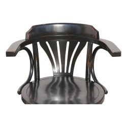 Swivel office chair in glossy black lacquered wood.