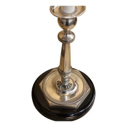Pair of silver candlesticks transformed into a lamp. Lampshade in …