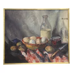 Still life representing a dish with bread rolls and …