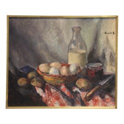 Nature morte représentant un plat avec des petits pains et de