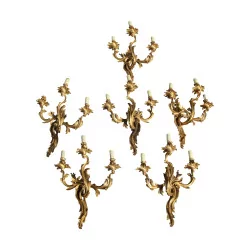 Satz von 6 Louis XV-Barock-Wandleuchten aus vergoldeter Bronze. …