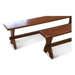 Pair of oak benches with 3 legs and without backrest.