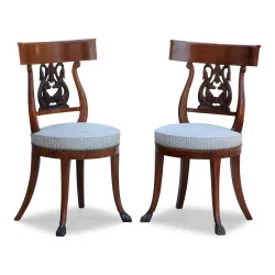 Pair of Empire style chairs in beech and mahogany, dragons …