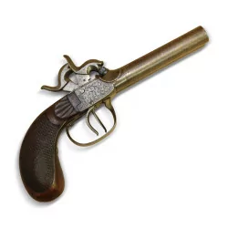 Pistol with carved wooden butt, breech and 2 barrels...
