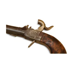 Pistol with burl walnut stock and guilloché breech. …