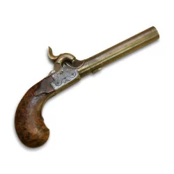 Pistol with burl walnut stock and guilloché breech...