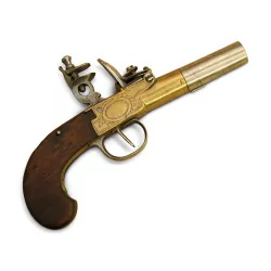 Pistol with flintlock, wooden stock, brass slide...