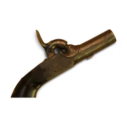 Pistol with engine-turned breech and ebony stock. …