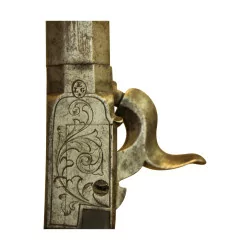 Pistol with engine-turned breech and walnut stock. Hallmarked…