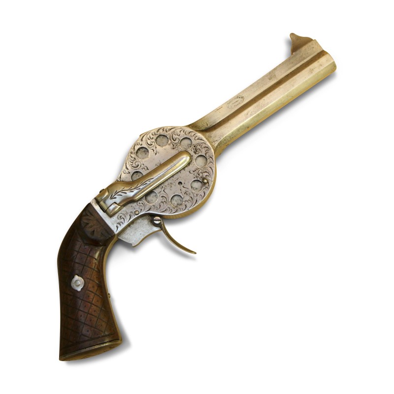 1 „Rotorevolver“ mit gemeißeltem, rundem Holzschaft