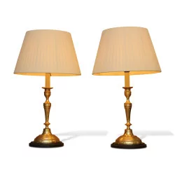 Pair of gilt bronze candlesticks mounted as a lamp with …
