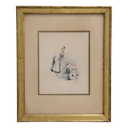 watercolor painting representing a young woman looking at her …