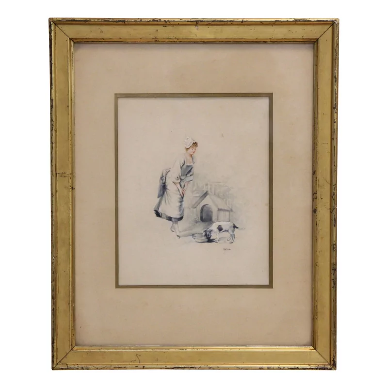 Tableau aquarelle représentant une jeune femme regardant son … - Moinat - Tableaux - Divers