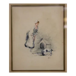 Tableau aquarelle représentant une jeune femme regardant son …