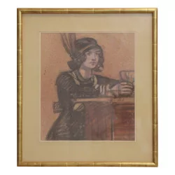 Tableau représentant une femme tenant un verre au pastel …