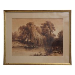 Aquarellbild, das ein Boot auf einem Fluss darstellt...