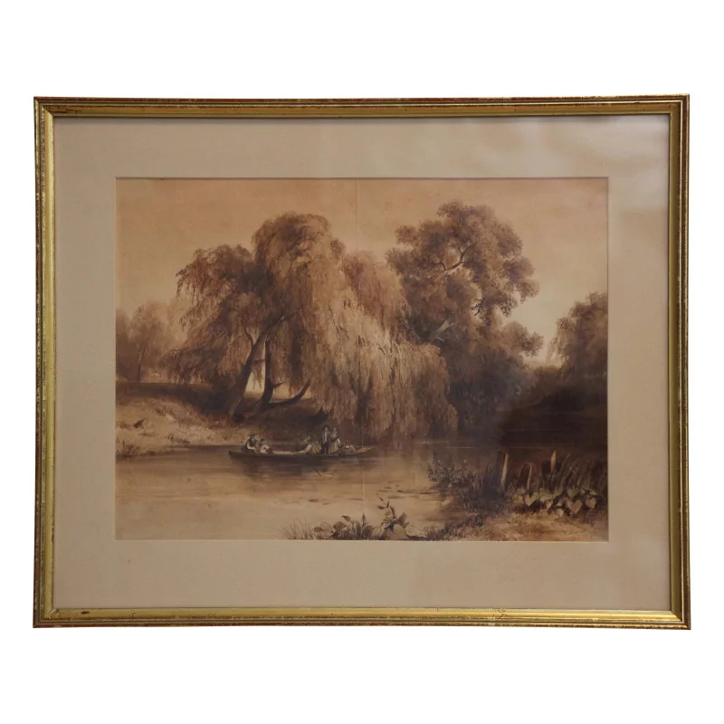 watercolor painting representing a boat on a river... - Moinat - Painting - Miscellaneous