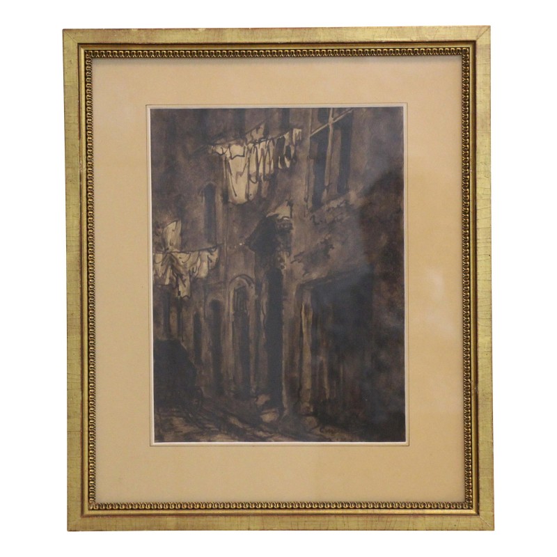 Tableau représentant une ancienne rue, linge aux fenêtres au … - Moinat - Gravures Tableau représentant une ancienne rue, linge aux fenêtres au … - Moinat - Gravures
