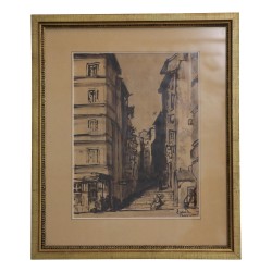 Gemälde, das eine alte Straße mit getünchten Treppen darstellt …