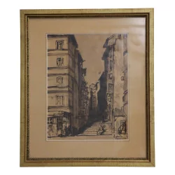 Картина, изображающая старую улицу с вымытыми лестницами …