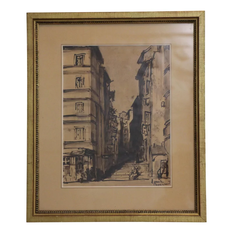 Tableau représentant une ancienne rue aux escaliers au lavis … - Moinat - Gravures