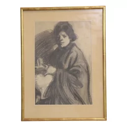 Gemälde eines Pastells, das eine Frau mit einer Vase darstellt, signiert...