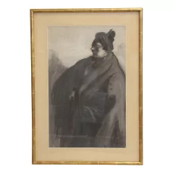 Painting of a pastel representing a woman in profile signed...