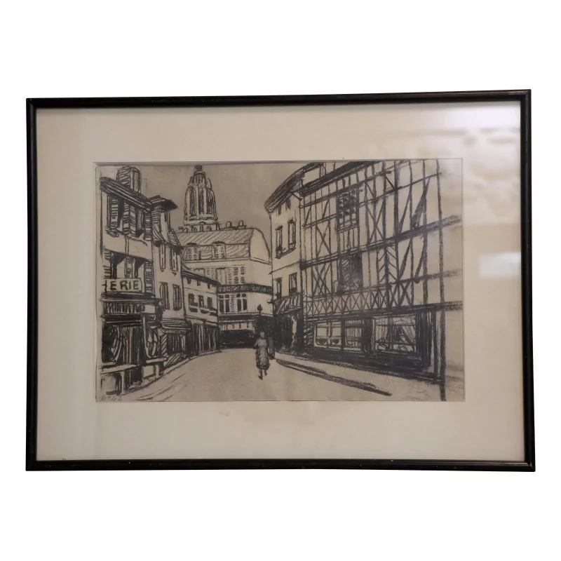 Table of a lithograph representing an old street in … - Moinat - Painting - Miscellaneous