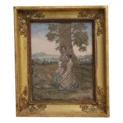 Painting of an embroidery on painted silk representing a scene …