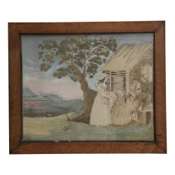 Tableau d'une broderie sur soie peinte représentant une scène …