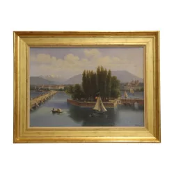 Oil painting on thick cardboard view of Geneva with the Island …
