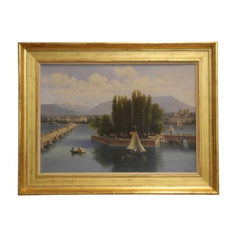 厚纸板上的油画，日内瓦与岛屿的景色…… - Moinat - 画 - 景观