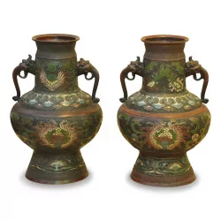 Pair of Canton vase in bronze and cloisonné enamel with handle …