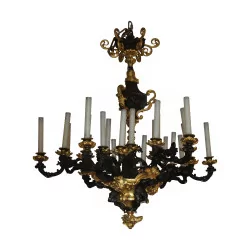 Large Napoleon III chandelier in black and gold patinated bronze. France