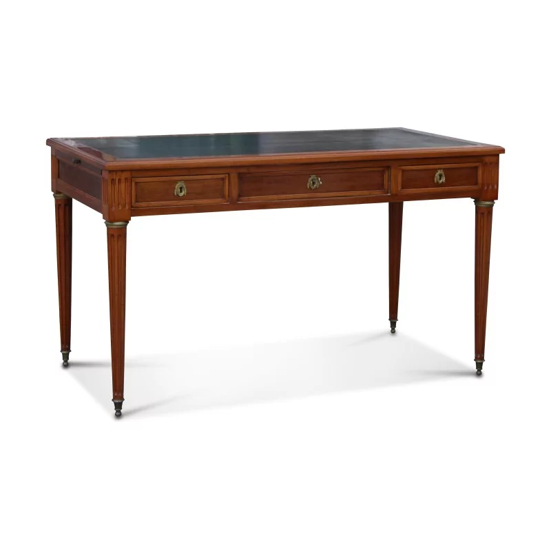 Bureau plat Louis XVI en acajou avec dessus cuir noir, 3 … - Moinat - Bureaux plats
