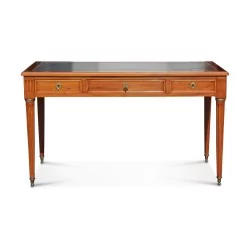 Bureau plat Louis XVI en acajou avec dessus cuir noir, 3 …