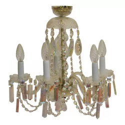 Small iridescent crystal chandelier with glass sheaths.