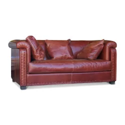 Canapé design en cuir pleine fleure brun roux avec ses 3