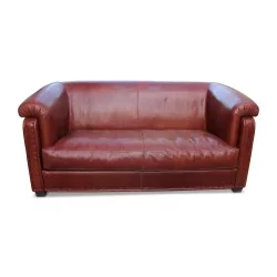 Canapé design en cuir pleine fleure brun roux avec ses 3