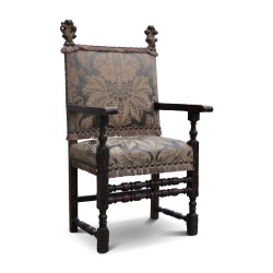 Fauteuil Louis XIII tissu "Damas soie grise"
