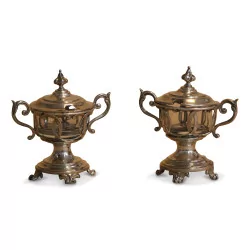 Pair of hallmarked silver mustard pots. France, 19th century.