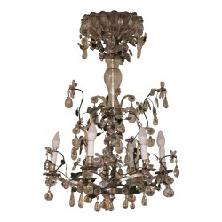 Lustre en bronze argenté et fer forgé vert à cristaux fleurs.